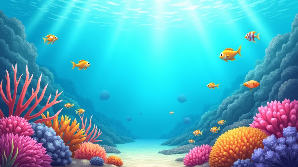 Ein animierter Korallenriff mit schwimmenden Fischen.