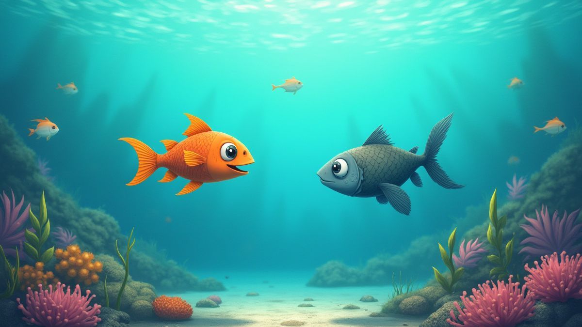 Animierte Fische, die in einer Unterwasserumgebung spielen.