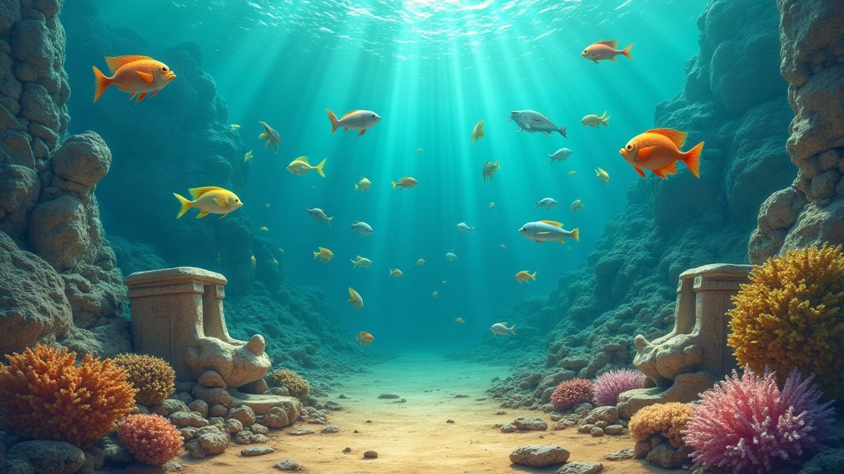 Poissons nageant au-dessus d'artefacts égyptiens anciens sous l'eau.
