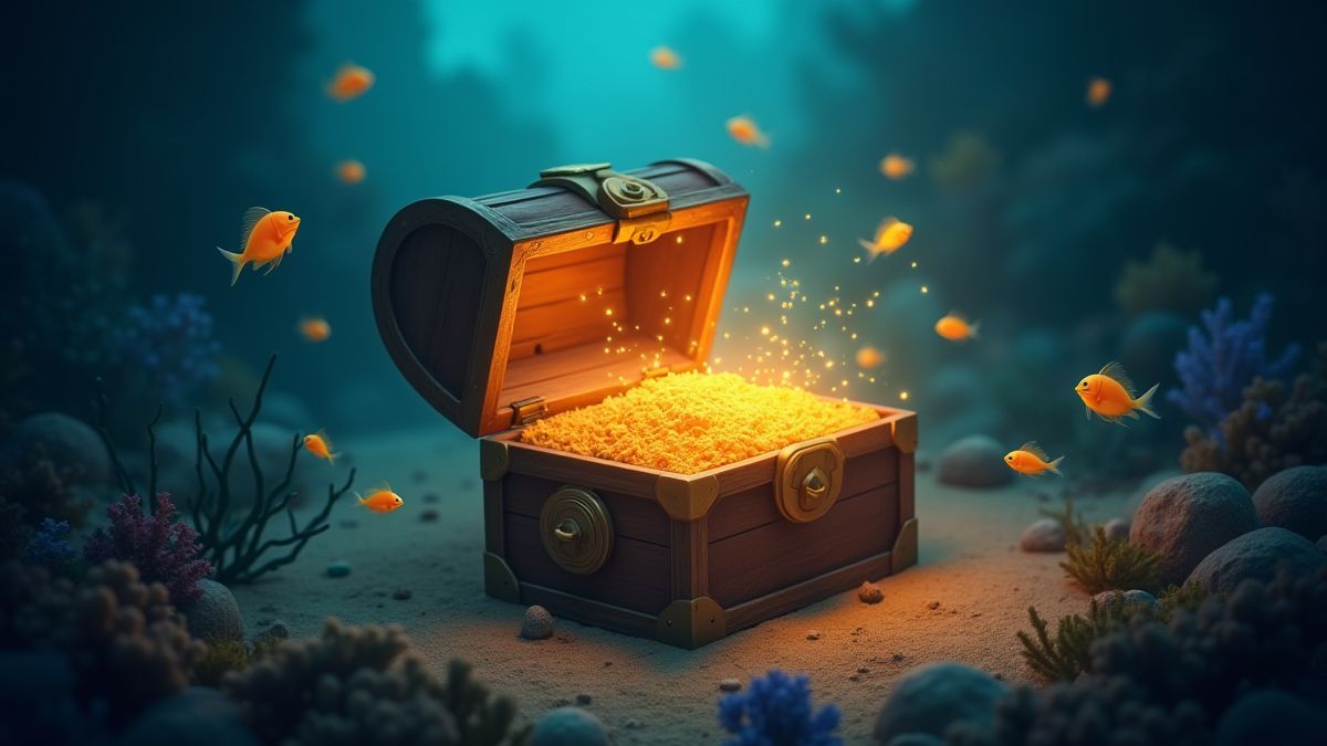 Cofre del tesoro brillante con peces juguetones