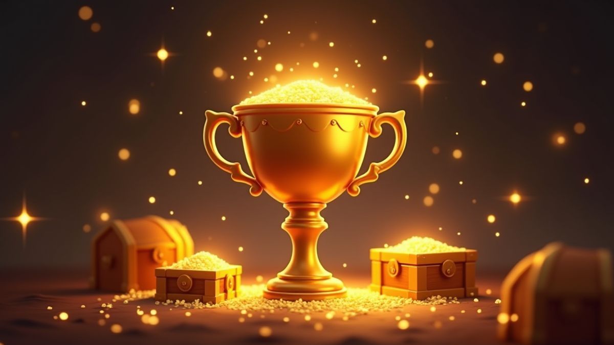 Ein goldener Becher, umgeben von animierten Funken und Schatztruhen.
