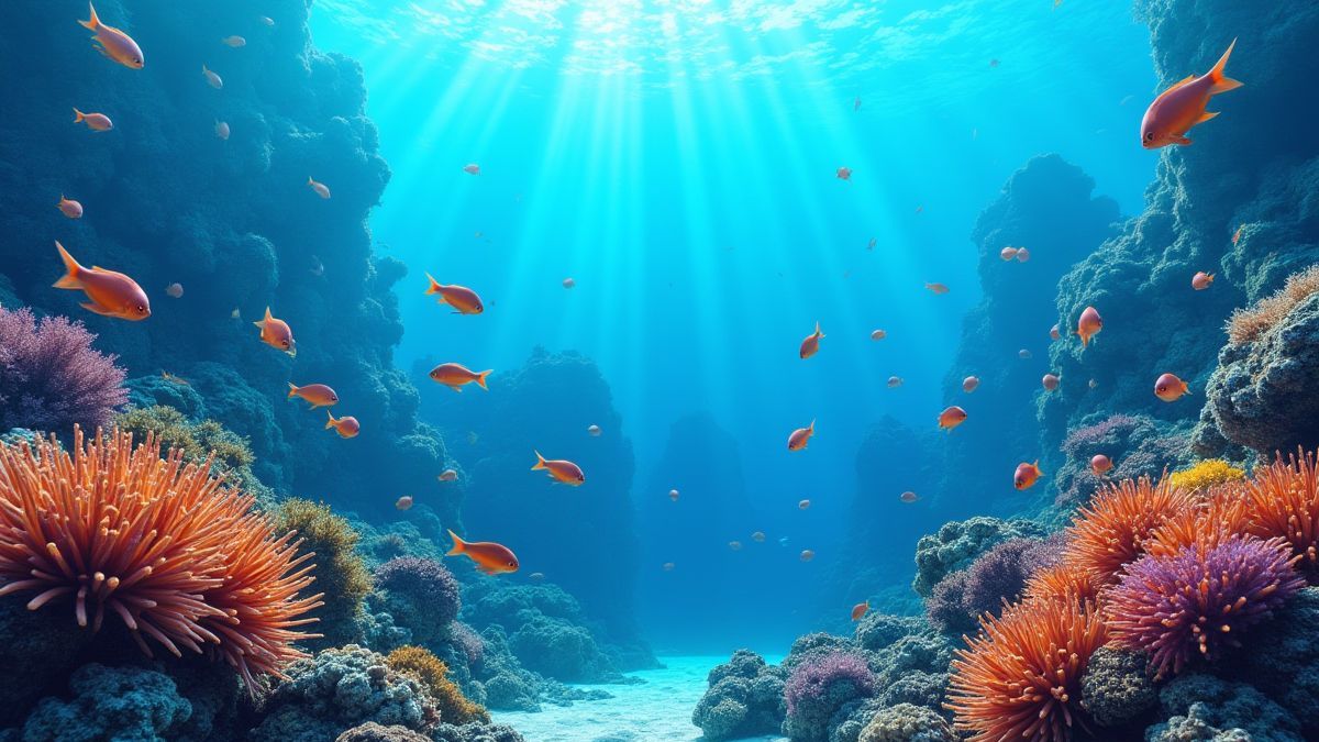 Eine lebendige Unterwasserszene mit bunten Fischen, die in der Nähe von Korallenriffen schwimmen.