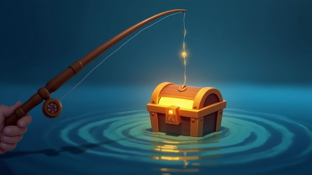 Eine animierte Angelrute, die eine leuchtende Schatztruhe aus dem Wasser zieht.
