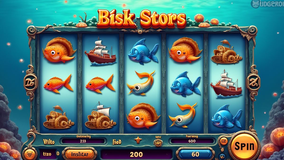 Eine detaillierte Illustration eines Spielautomaten mit ozeanischen Symbolen wie Fischen, Booten und Schätzen.