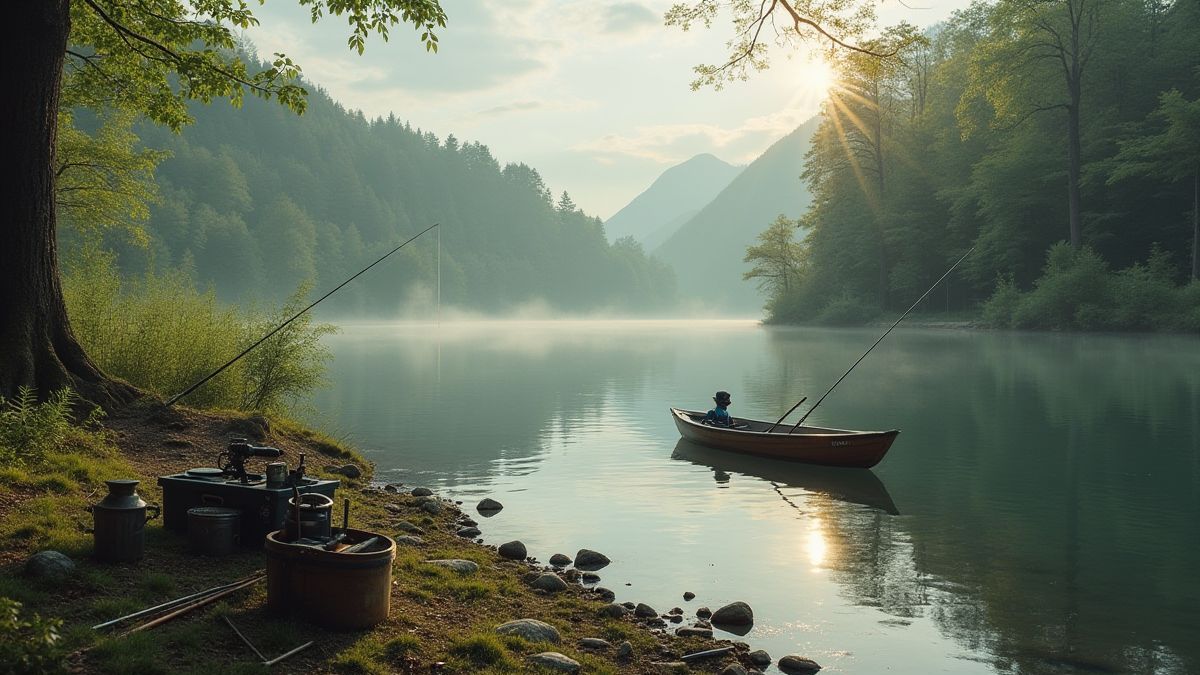 Rivière tranquille avec équipement de pêche et petit bateau.