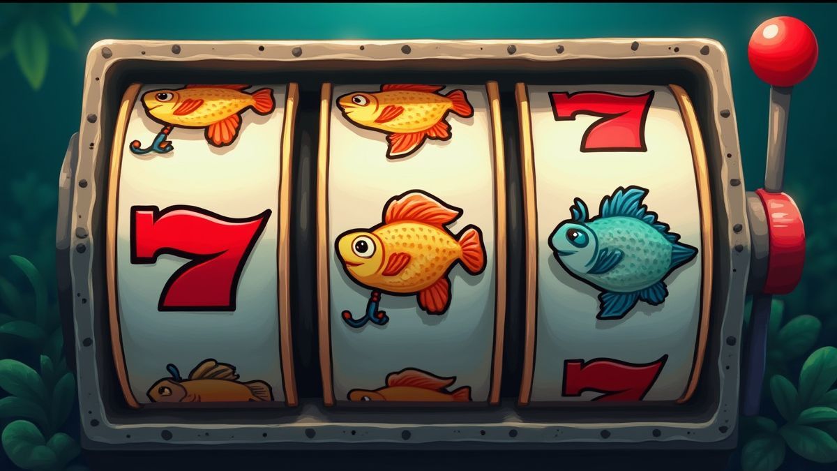 Rouleaux de slot avec icônes de pêche comme poissons et hameçons.