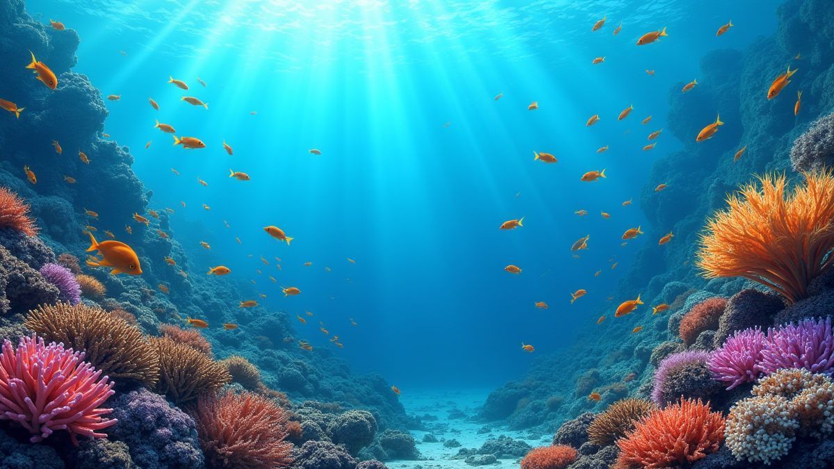 Scène sous-marine avec des poissons nageant parmi des récifs coralliens.