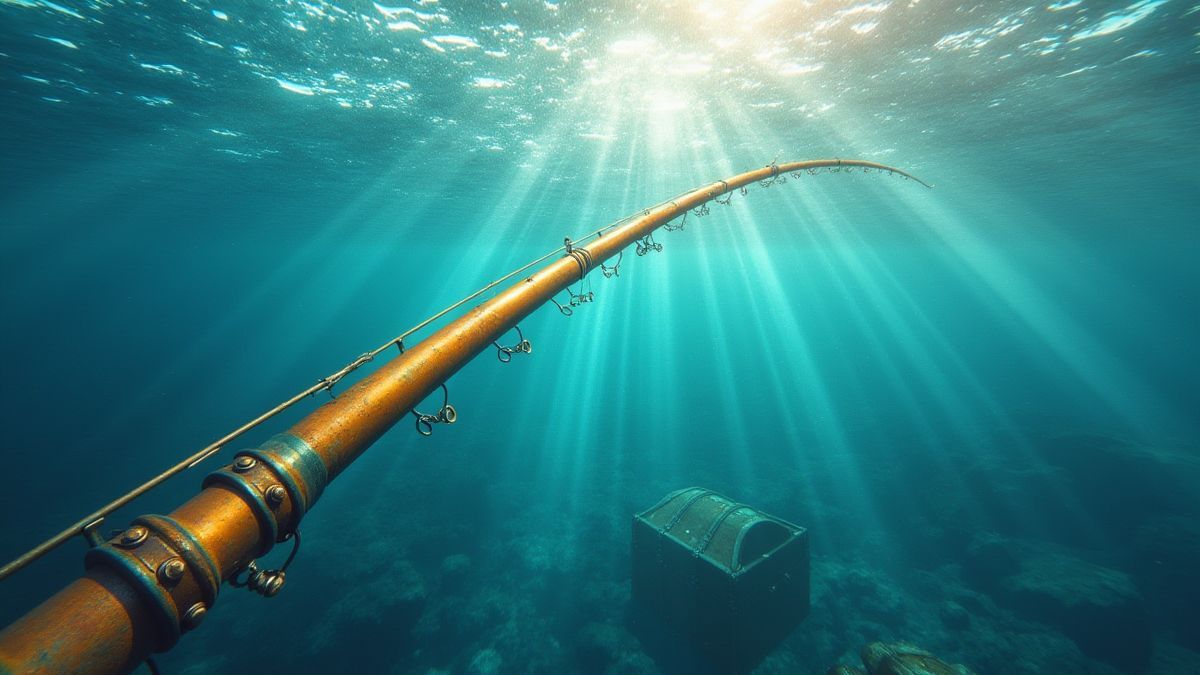 Canne à pêche dorée lancée dans l'océan avec des coffres au trésor visibles.