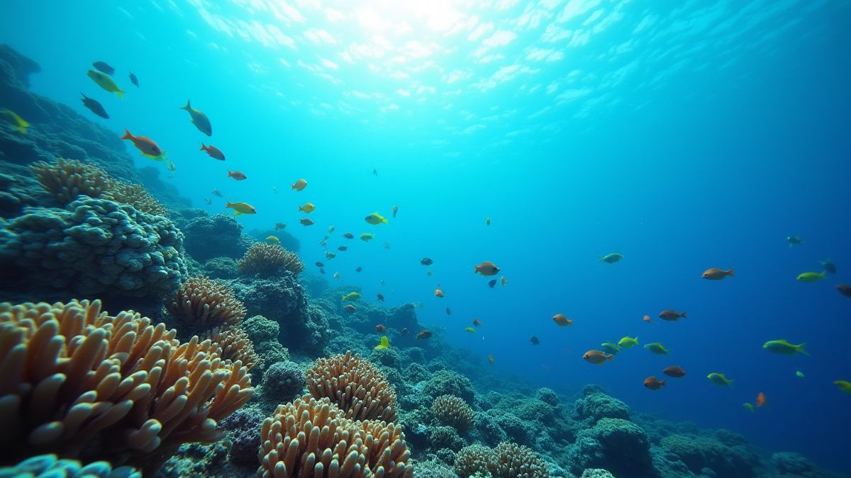 Scène sous-marine vibrante avec des poissons colorés et des récifs de corail.