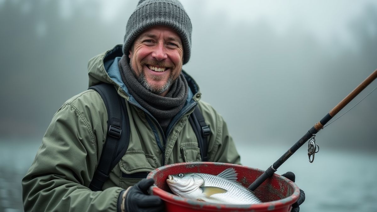 Un pêcheur tenant un seau plein de poissons avec un grand sourire.