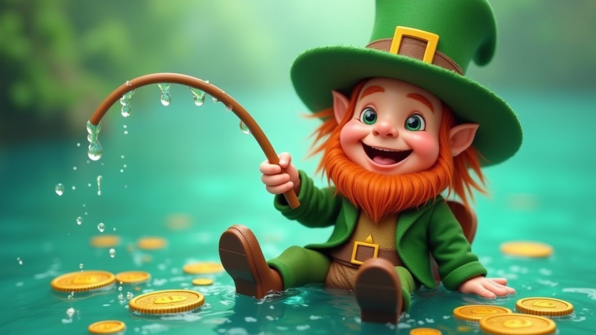 Een leprechaun die vist in een turquoise meer met gouden munten eromheen.