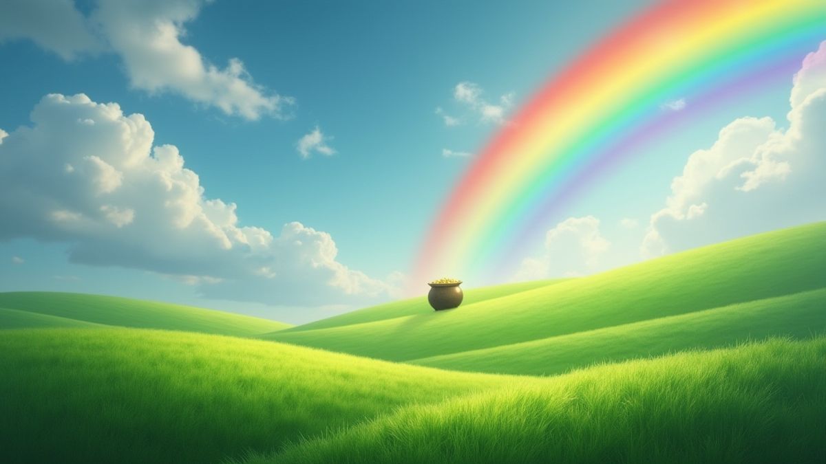 Een regenboog boven groene velden met een pot goud aan het einde.