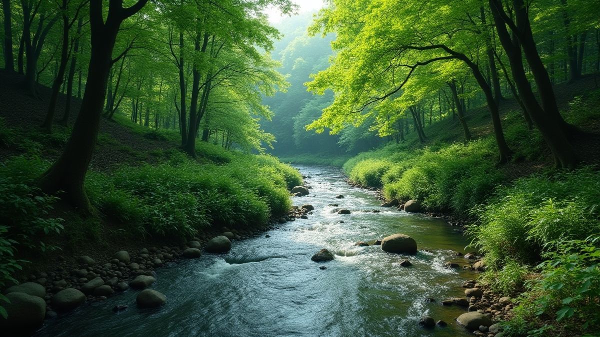 Bosque verde con un río brillante que lo atraviesa.