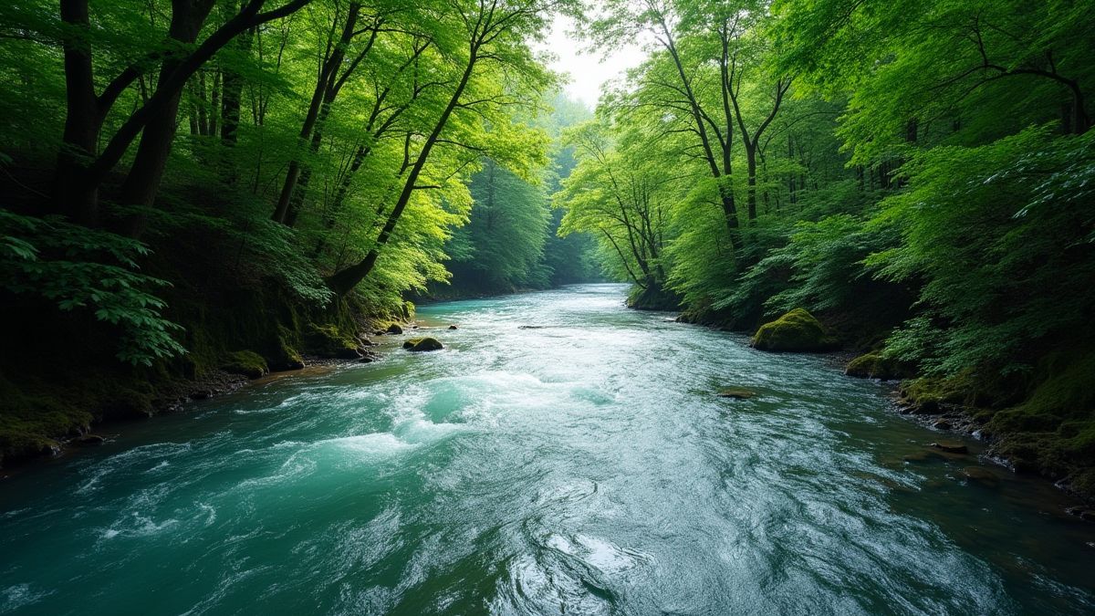 Río brillante rodeado de un bosque verde.