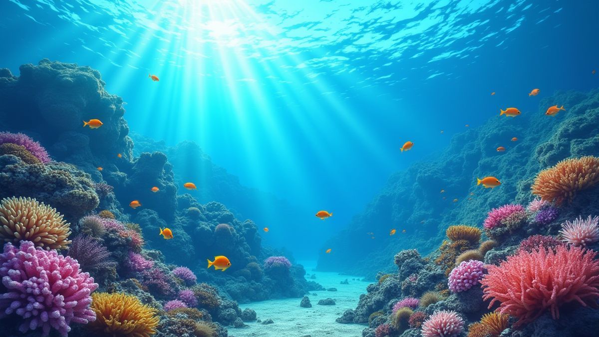 Escena submarina con arrecifes de coral y peces tropicales.