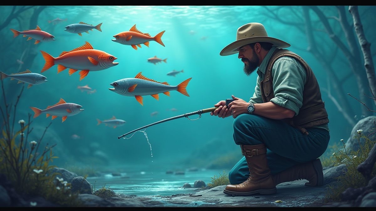Mini juego emocionante con un pescador seleccionando peces con valores de premio.