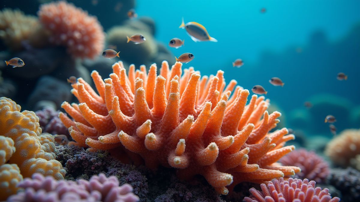Ein Korallenriff voller Farben mit Fischen, die herum schwimmen.
