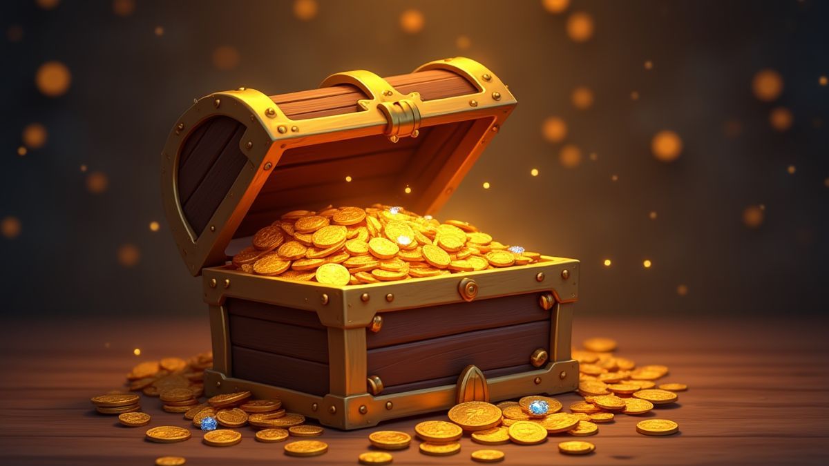 Eine animierte Schatztruhe, die mit Goldmünzen und Juwelen überquillt.