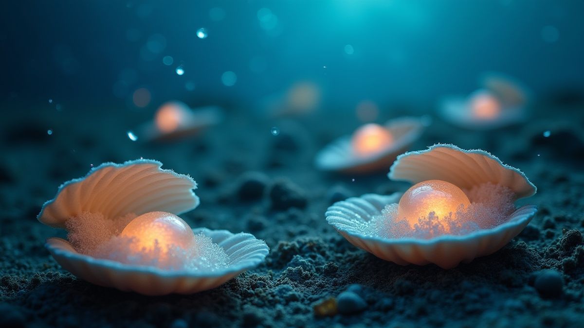 Una escena submarina con perlas brillantes dentro de almejas.