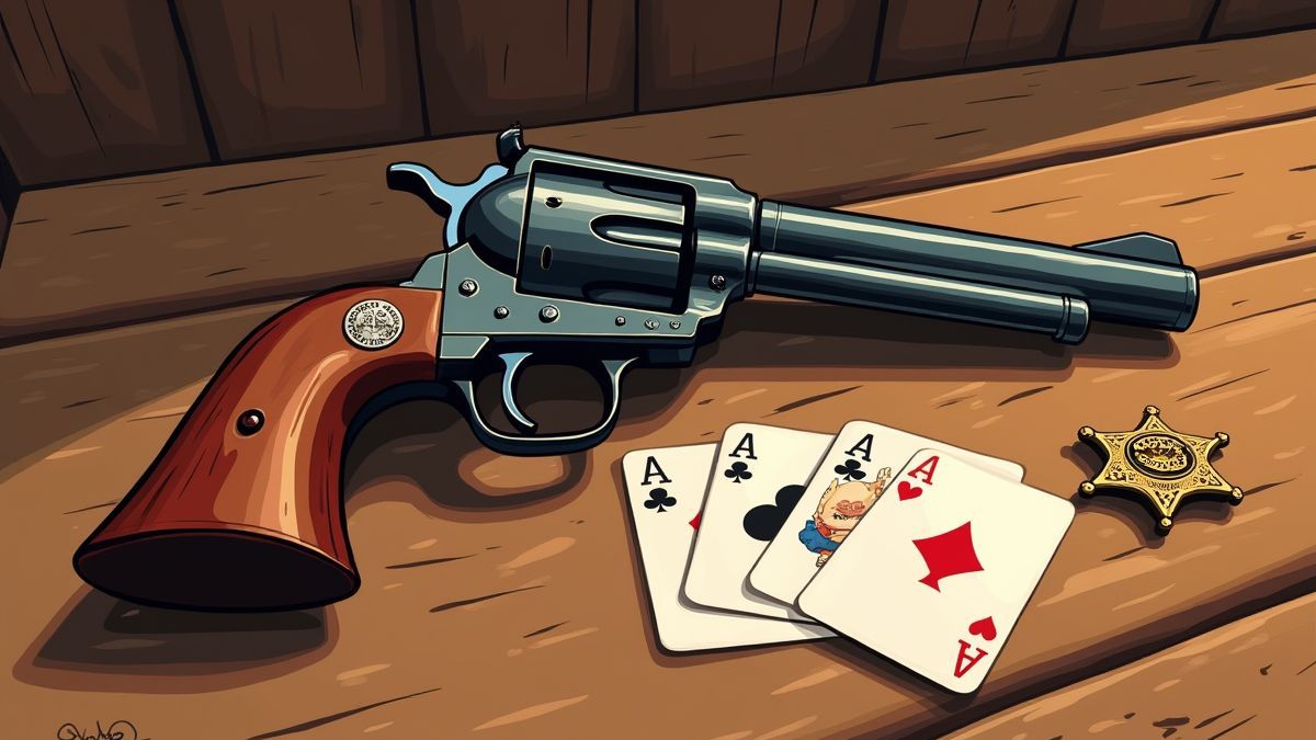 Cowboy-Revolver neben Karten und einem Sheriffabzeichen.