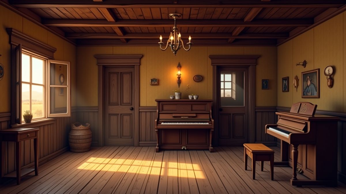 Innenraum eines Salons des alten Westens mit Schwingtüren und einem Klavier.