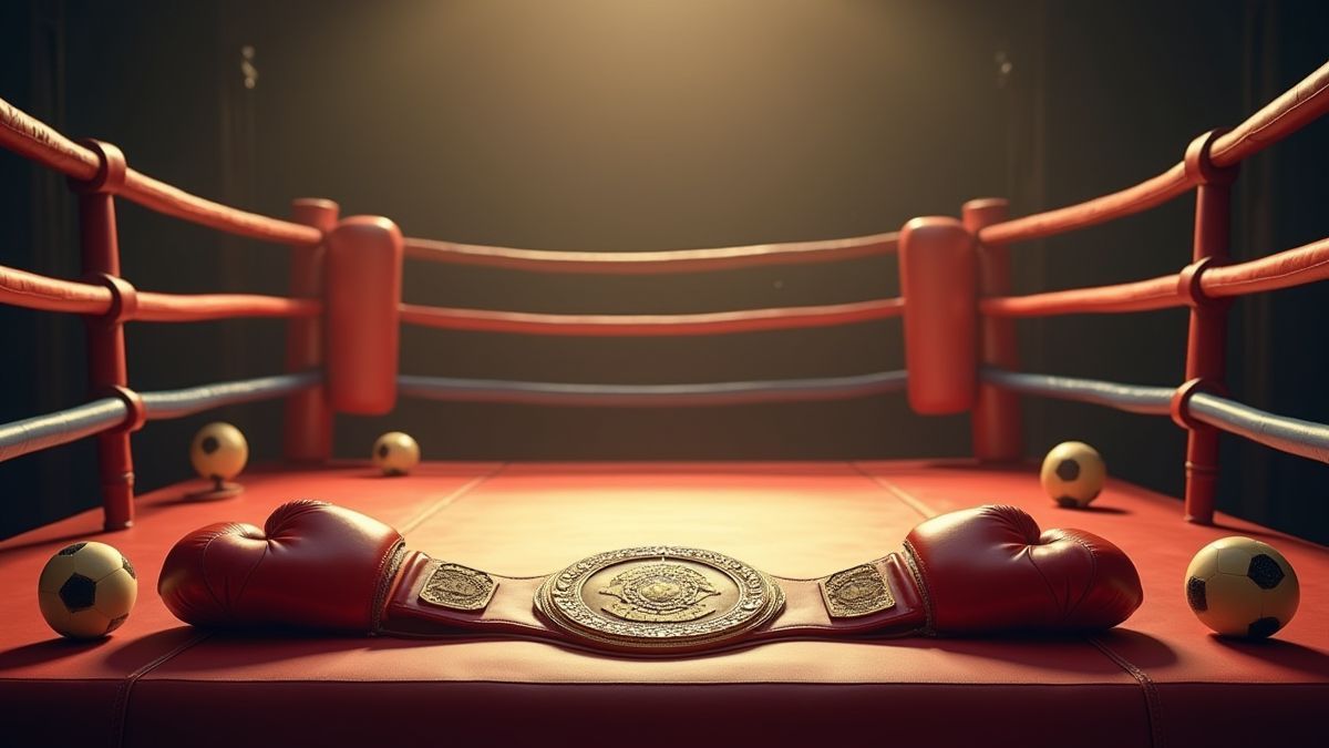 Un ring de boxeo rodeado de guantes y un cinturón de campeón vintage.