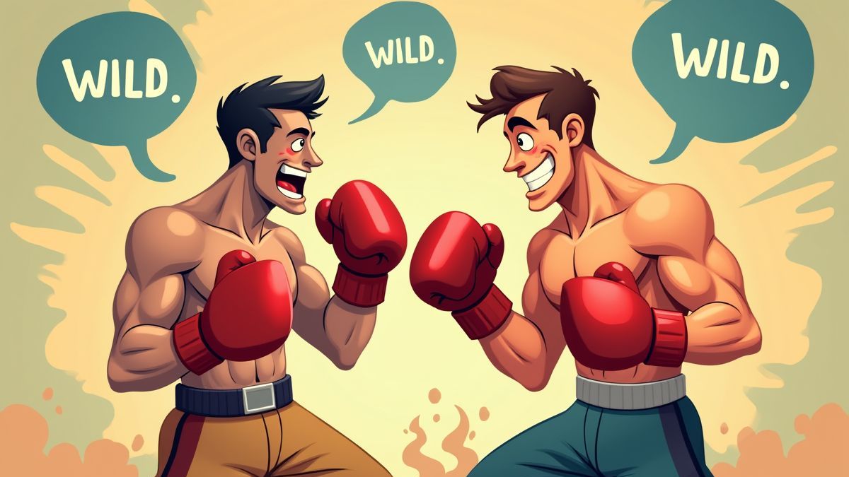Dos boxeadores caricaturescos peleando con símbolos de wild flotando alrededor.