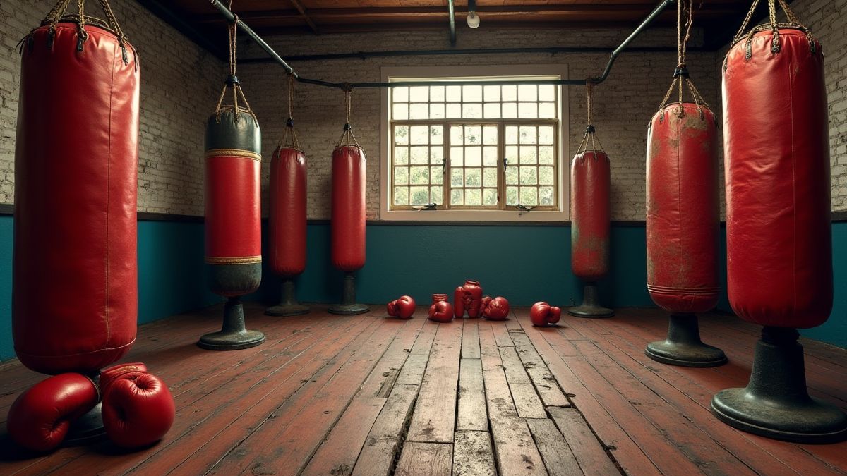 Un gimnasio de boxeo vintage con sacos de boxeo y guantes dispersos.