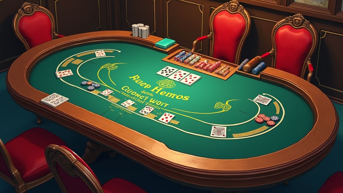 Mesa de póker clásica con cartas, fichas y un cigarro