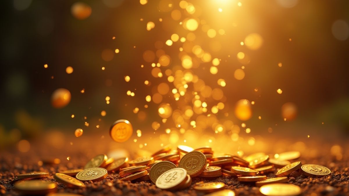 Goldmünzen, die über elementalen Symbolen in einem leuchtenden Hintergrund regnen.