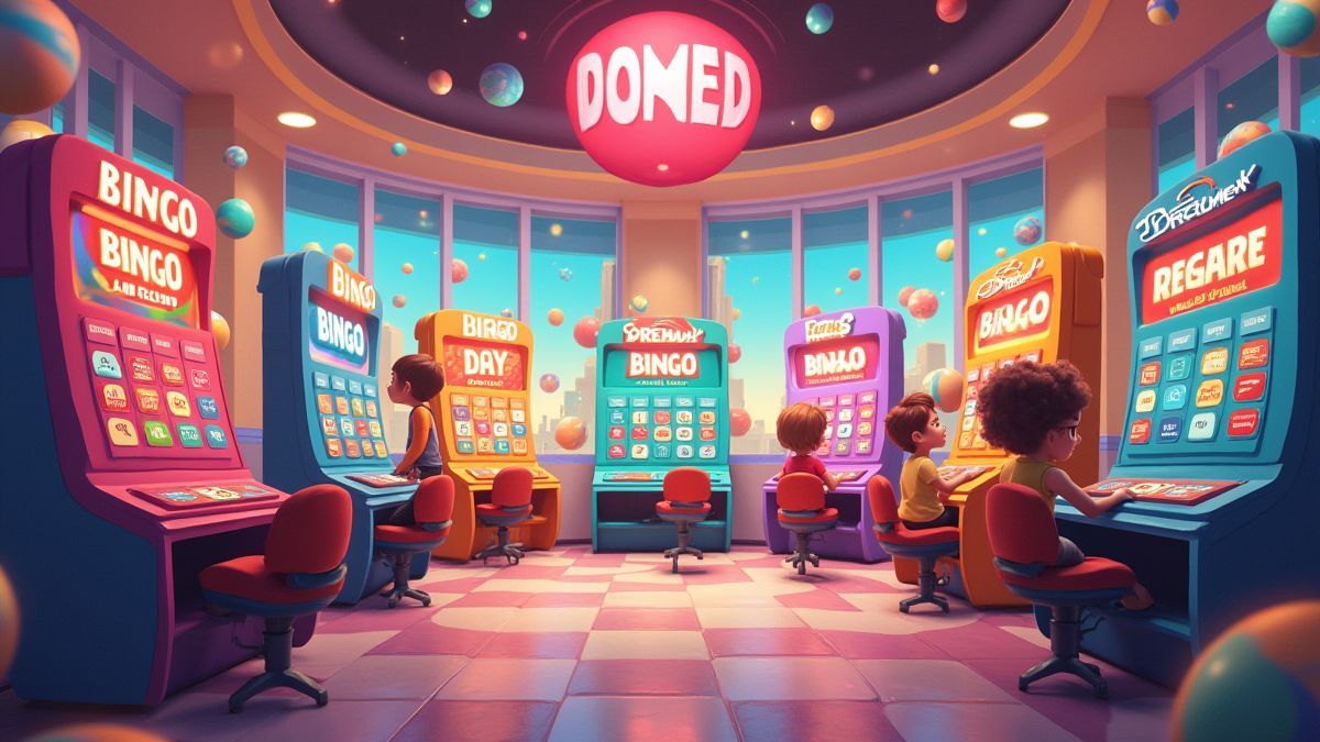 Sala de bingo animada con bolas de colores y jugadores.