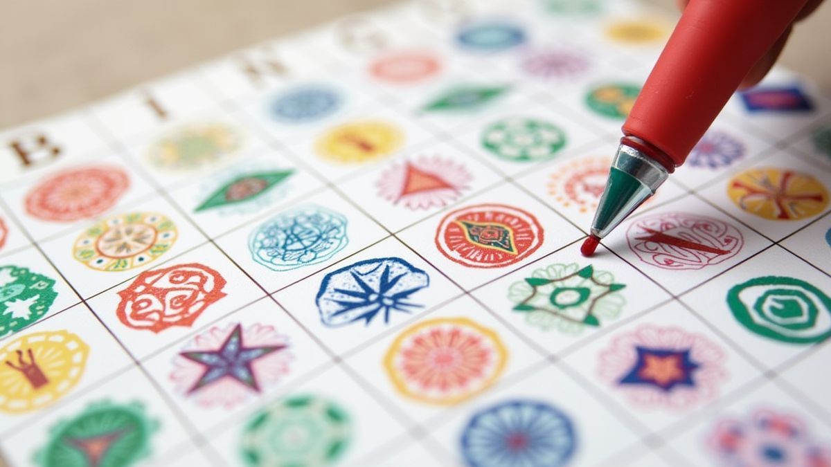Tarjeta de bingo con patrones coloridos y marcadores.