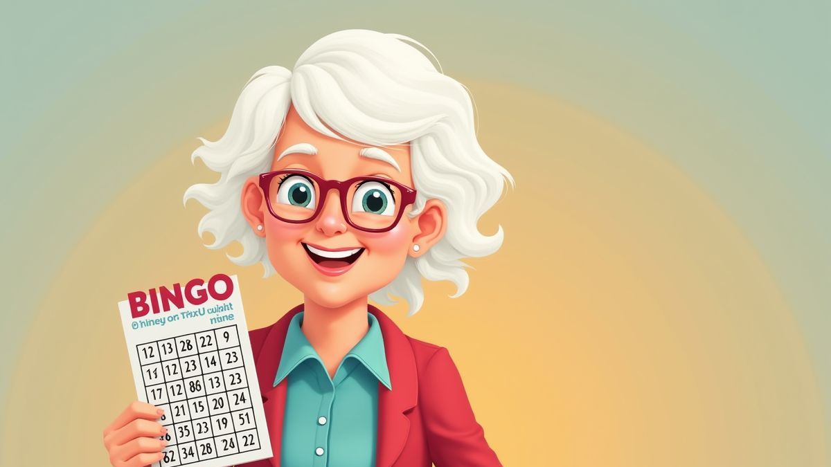 Mujer mayor caricaturesca con una tarjeta de bingo.