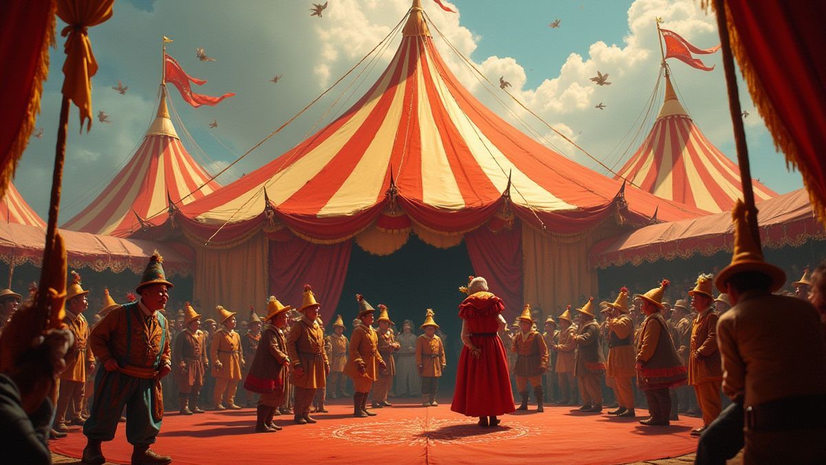 Escena de circo vibrante con artistas bajo una gran carpa.
