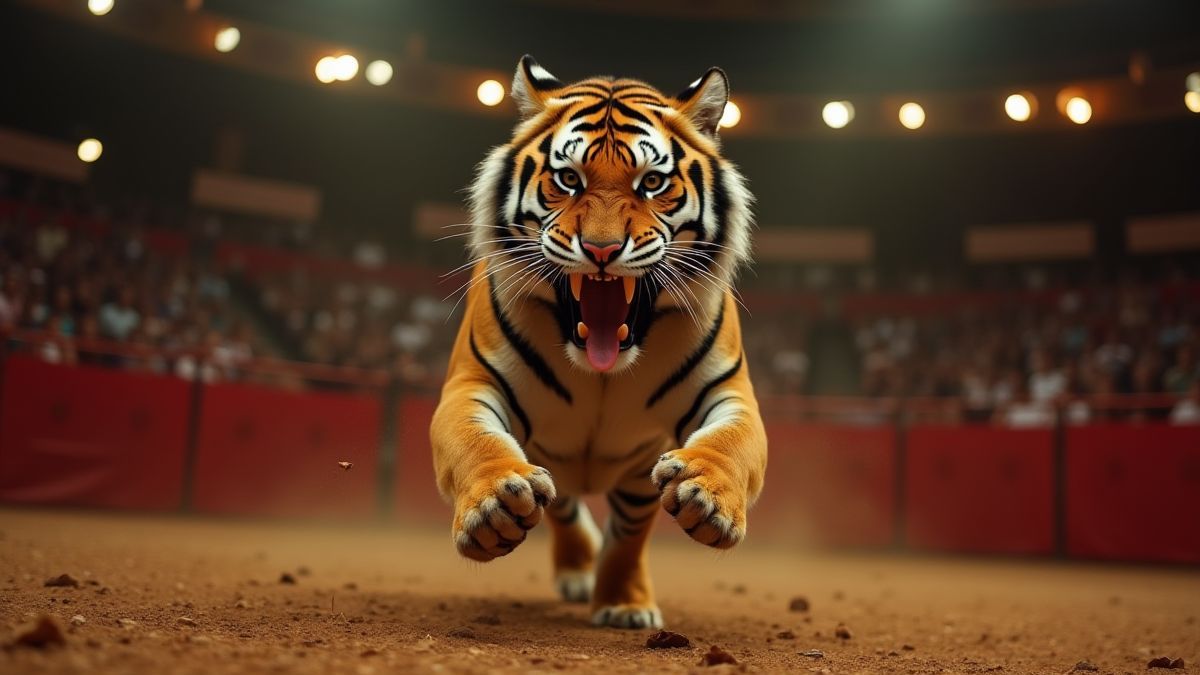 Un tigre haciendo trucos en un escenario de circo.
