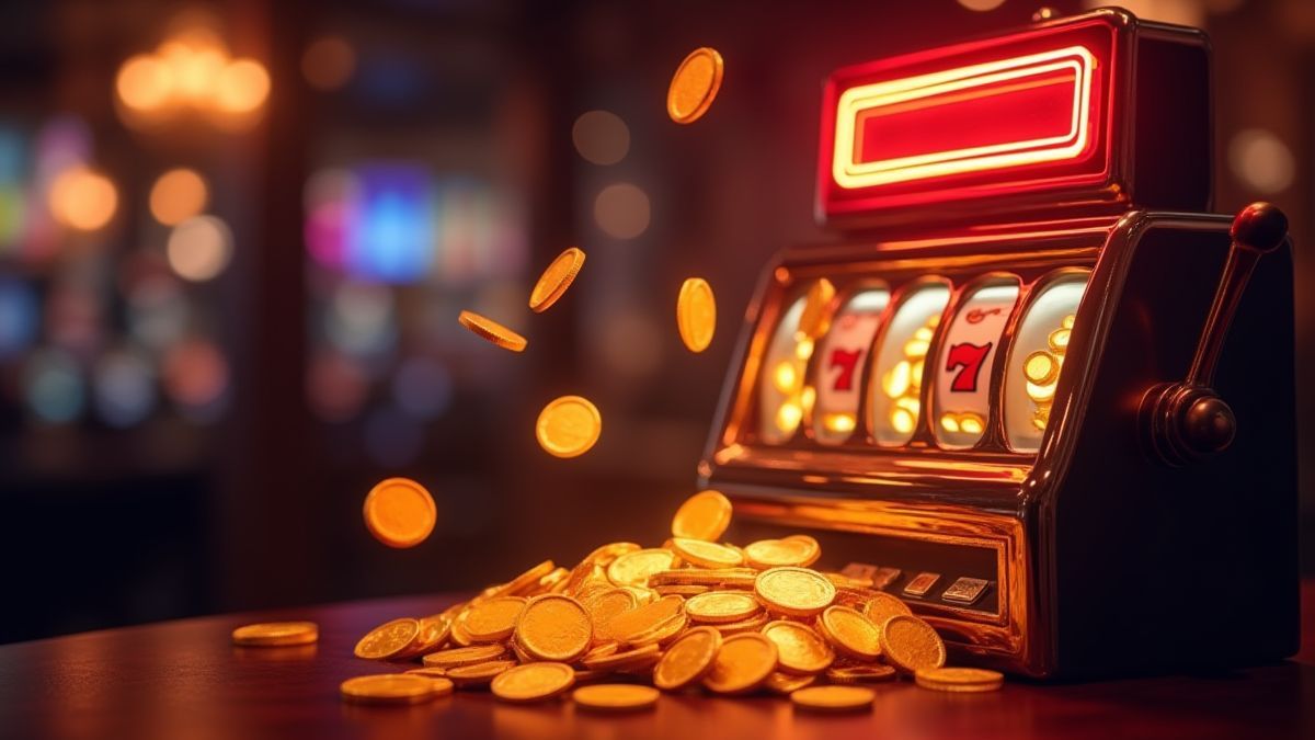 Monedas brillantes saliendo de una máquina tragaperras