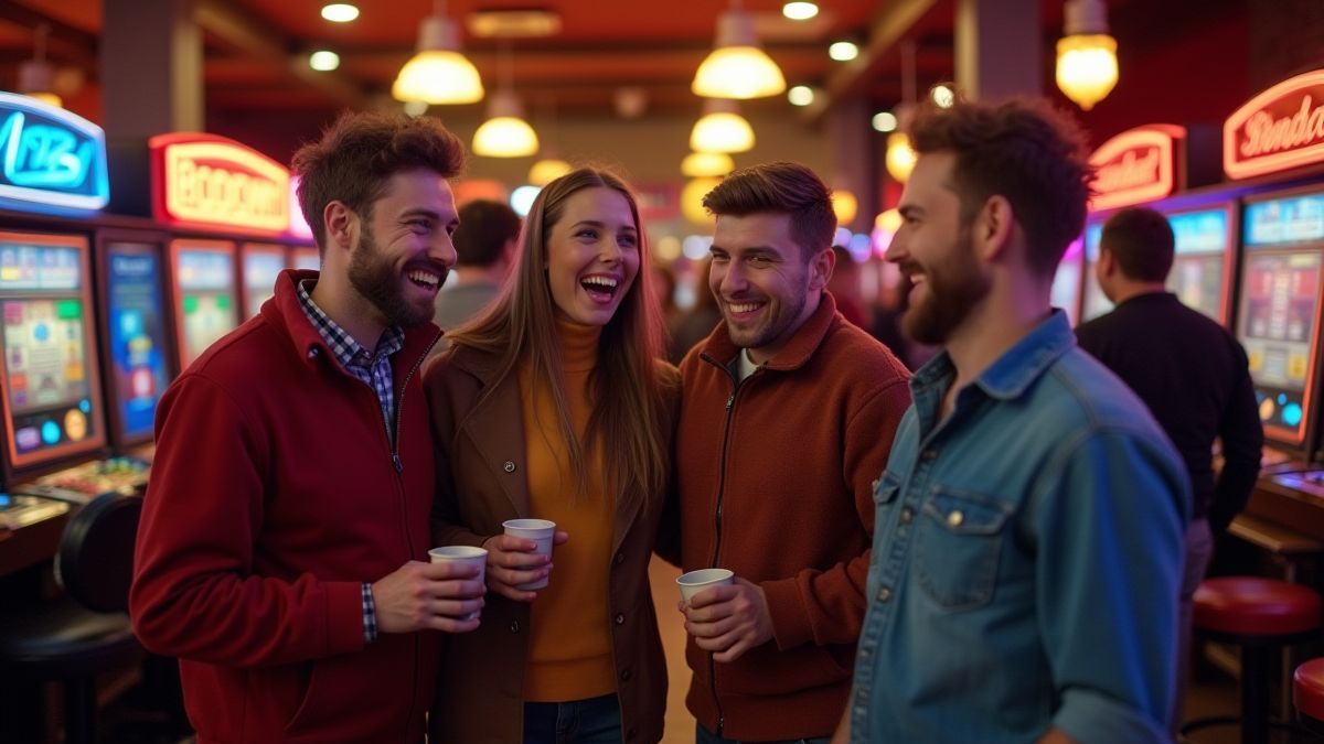 Grupo de amigos disfrutando en un casino retro