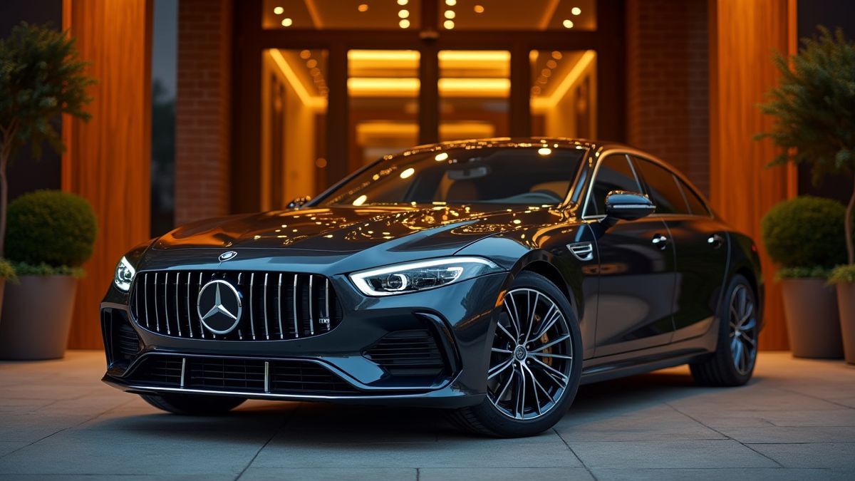 A sports car parked in front of a luxury hotel with golden lights.