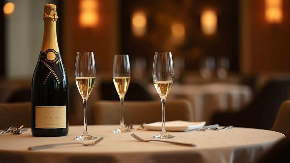 Champagne bottle and glasses on a luxury table.