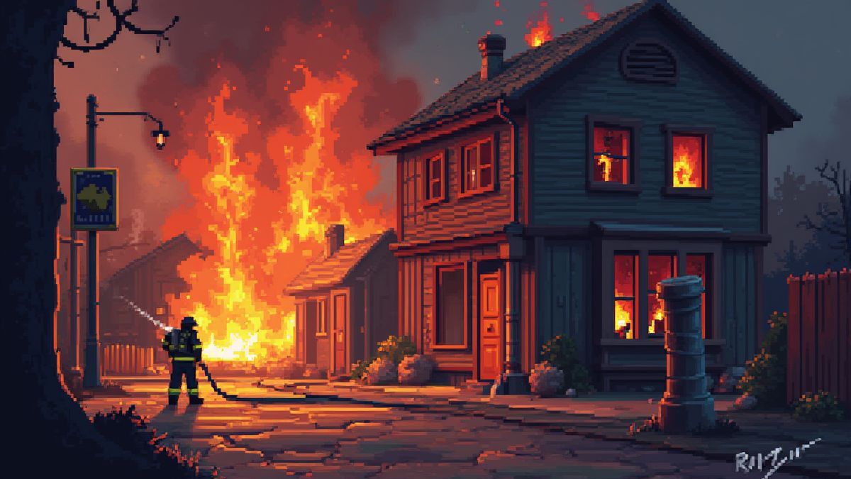 Edificio pixelado en llamas con un bombero usando una manguera