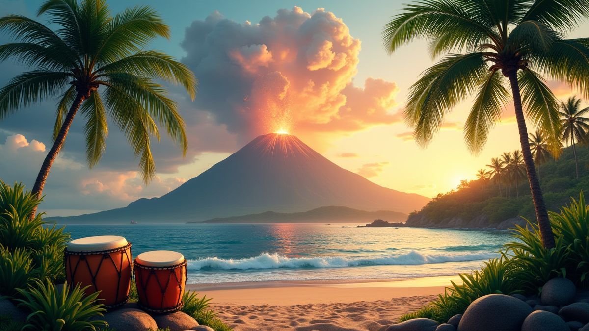 Hawaiianische Landschaft mit Trommeln und einem ausbrechenden Vulkan im Hintergrund.