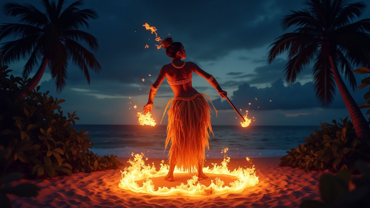 Feuerkünstler, der an einem hawaiianischen tropischen Abend auftritt.