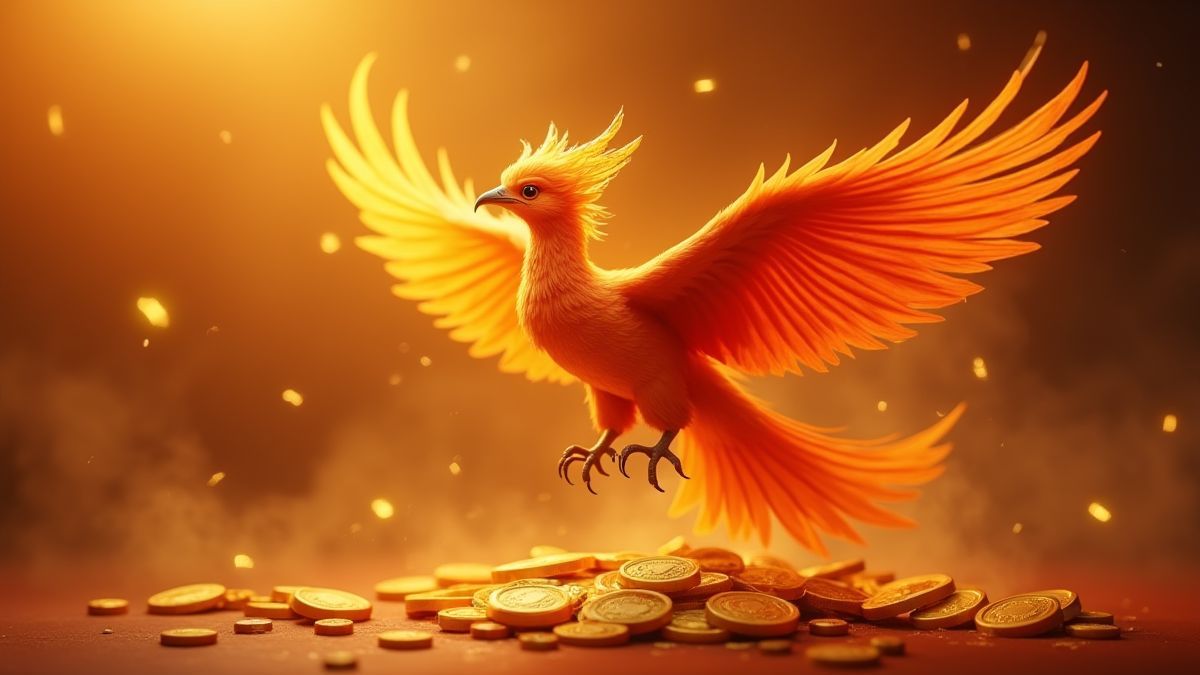Ein mystischer Phönix, der über goldene Münzen fliegt.