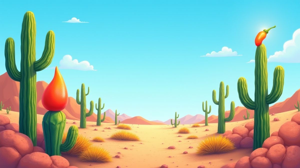 Woestijnlandschap met cactussen en een brandende chili onder een heldere blauwe lucht.