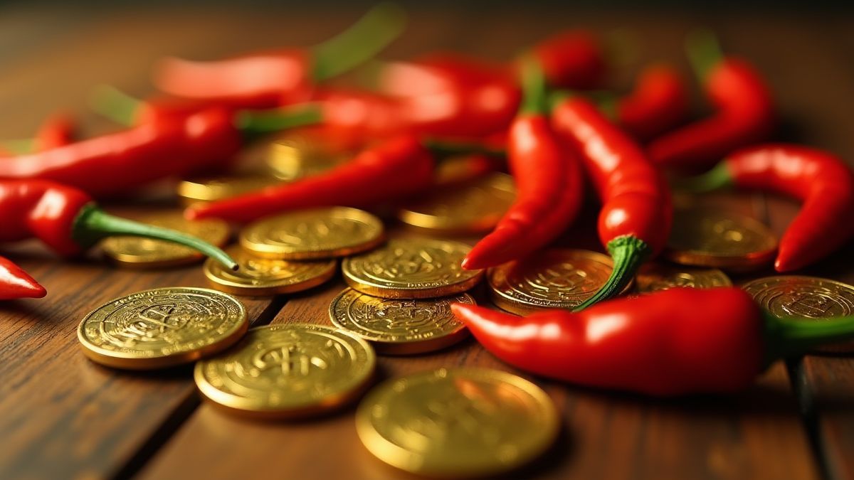 Gouden munten en brandende chili's verspreid over een houten tafel.