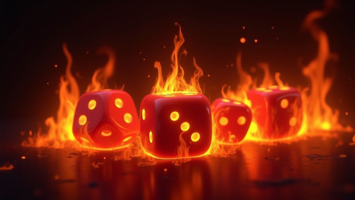 Dados ardientes rodeados de llamas en un fondo oscuro.