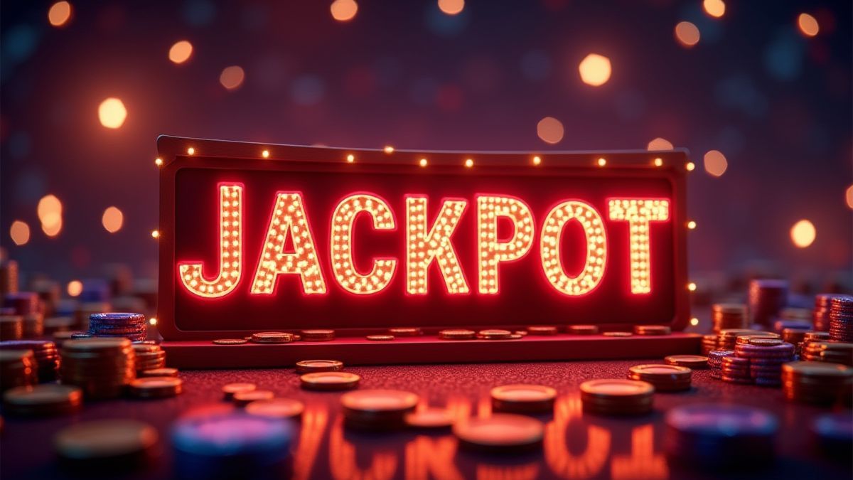 Un cartel de jackpot brillante rodeado de luces de casino.