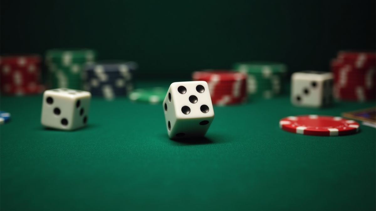 Dados rodando en una mesa de casino verde rodeados de fichas.