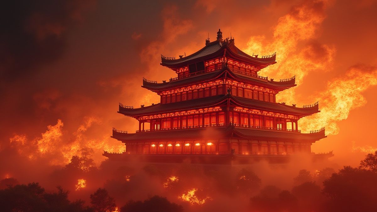 Templo chino tradicional rodeado de elementos de fuego.