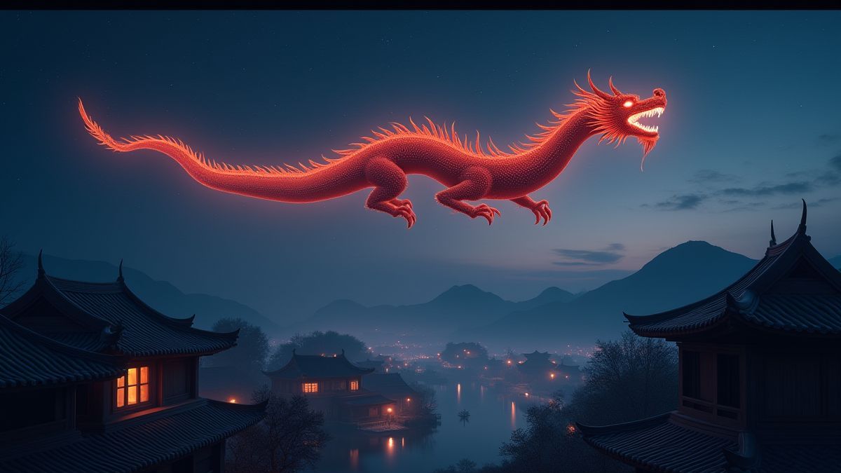 Dragón brillante sobrevolando un pueblo asiático nocturno.